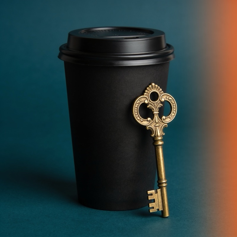 Happy Monday bei Escapegame Bielefeld – schwarzer Kaffeebecher mit goldenem Schlüssel